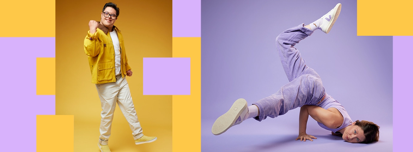 A man on a yellow background doing a fist pump, next to a woman on a purple background doing a headstand