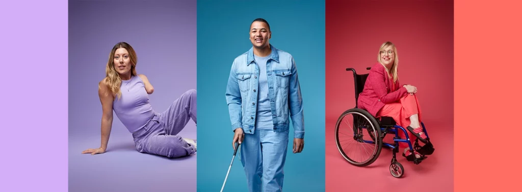 Three photos - a woman in purple sitting, a man in blue walking and a woman sitting cross-legged in her wheelchair