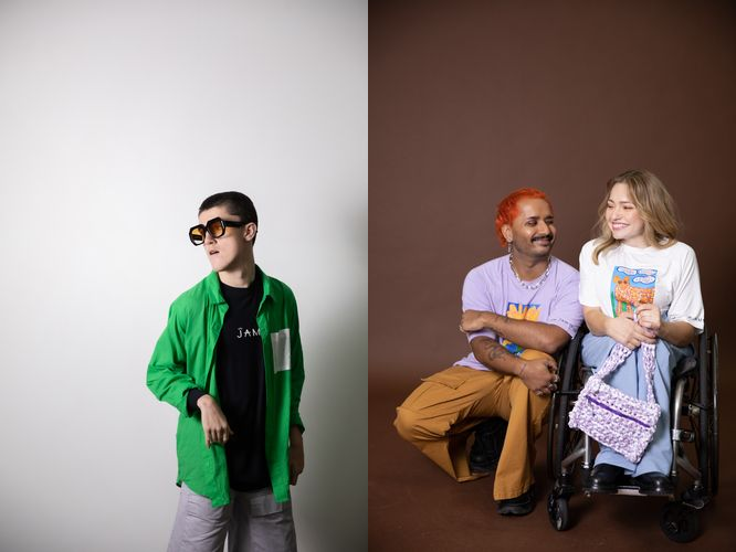Two fashion photos side by side. 1st with a person posing in sunglasses and a green shirt, the second with a man squatting next to a woman in a wheelchair, both in JAM clothes.